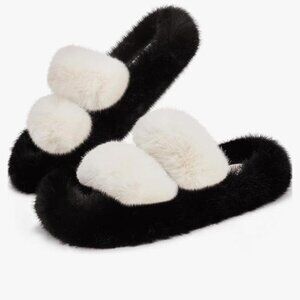 Stylewe Women's Fuzzy Slippers Non Slip Indoor Outdoor Black and Ivory Size 9